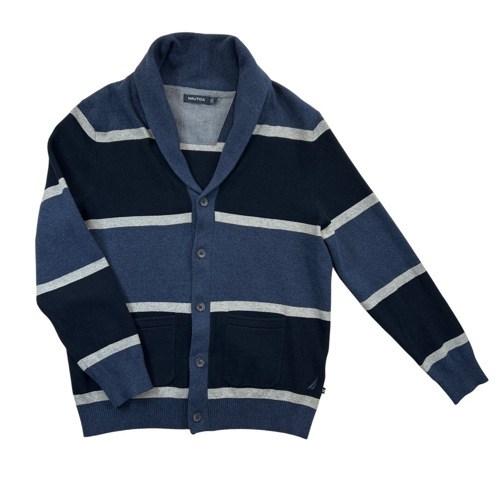 Nautica Cardigan Sweater Mens L‎ Blue Gray Striped Shawl Collar Button Cotton